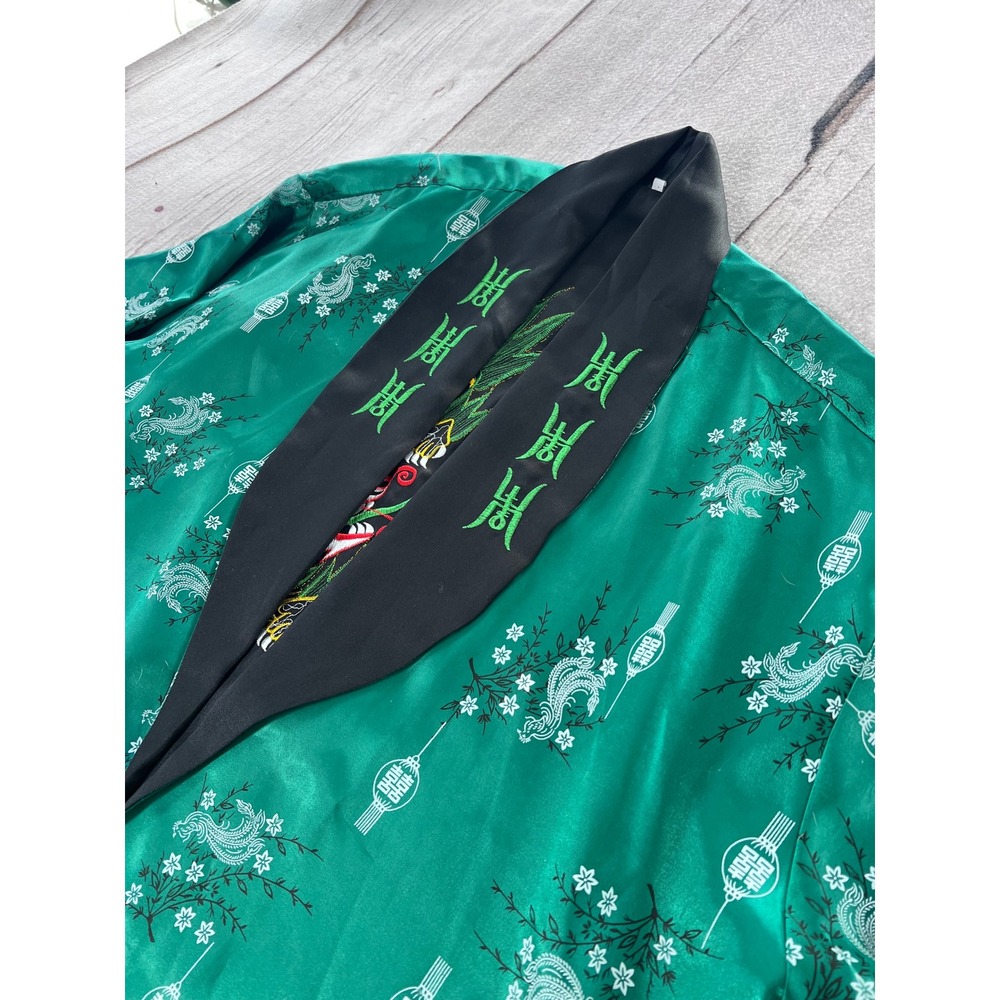 Mens Silky Kimono Robe Dragon Lantern Print Teal Black Short Sleeve‎ Reversable - Picture 4 of 9